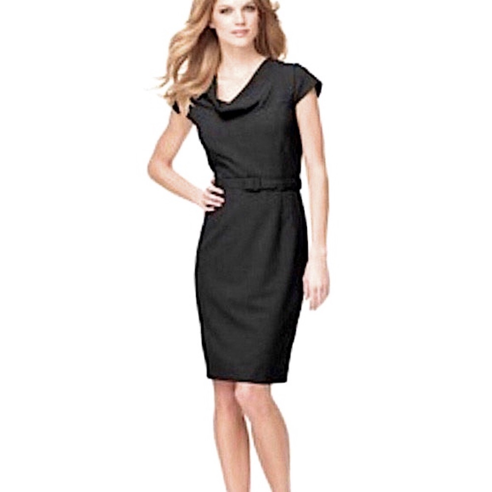 Calvin Klein Black Cowl Neck Belted Sheath Midi Dress, Women’s Size 4 Petite.